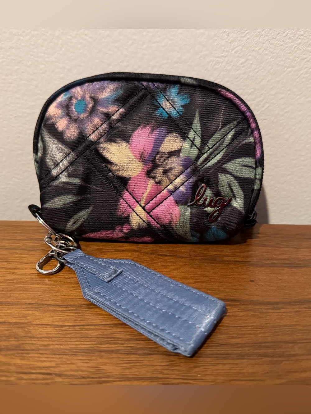 Lug Stash Zip Classic VL RFID Pouch Black Bloom with Blue Gray Zipper Pull NWOT